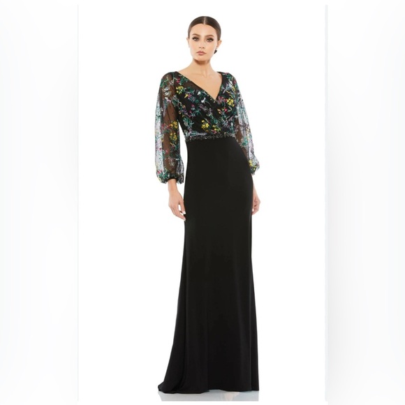 Bishop Sleeve V-neckline Wrap Over Torso Column Dress by Mac Duggal NWT - Picture 1 of 8